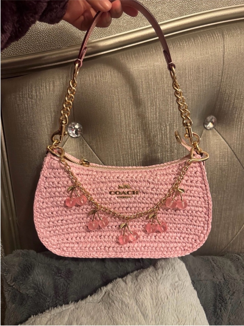 Coach Pink Crochet Shoulder Bag with Cherry Charm